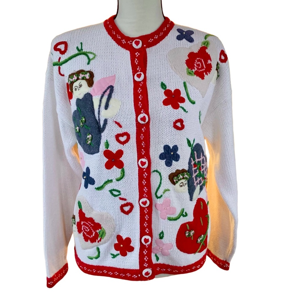 Vintage Karen Scott Valentine’s Day Appliqué Embellished Embroidered Cardigan